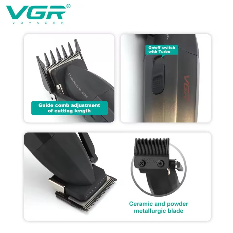 Аккумуляторная машинка для стрижки VGR V-003, 6 насадок, TURBO режим, керамическое лезвие, LED дисплей- Замовити за ціною 1750 грн.