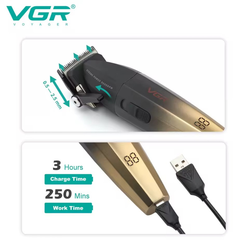 Аккумуляторная машинка для стрижки VGR V-003, 6 насадок, TURBO режим, керамическое лезвие, LED дисплей- Замовити за ціною 1750 грн.