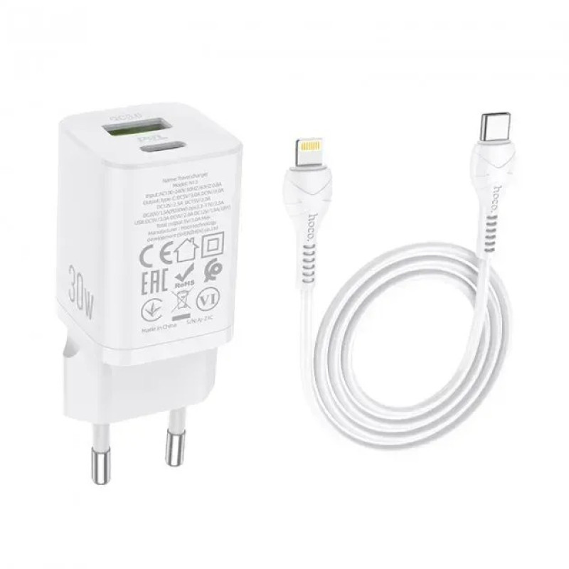 Мережевий зарядний пристрій Hoco N13 Bright 30W PD + QC3.0, Type-C to Lightning,