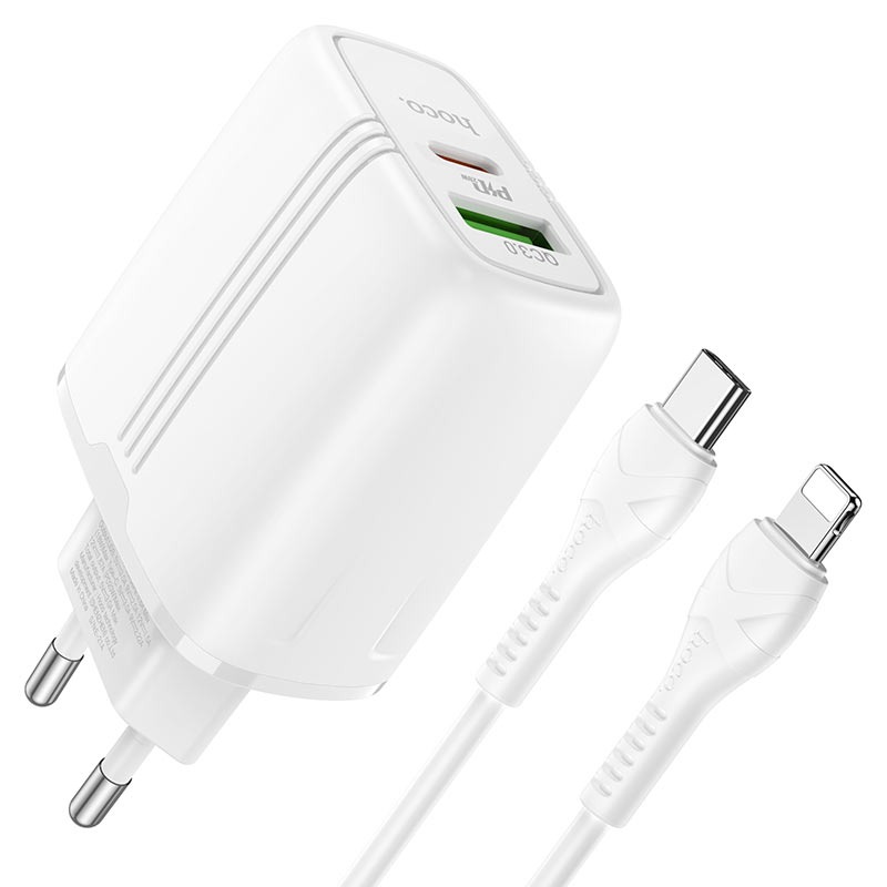 Мережевий зарядний пристрій Hoco N11, PD 20W + QC3.0, 2 порти, кабель Type-C to Lightning 1 м