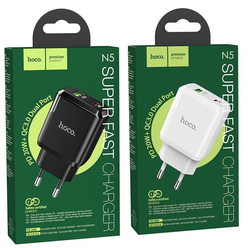 Мережевий зарядний пристрій Hoco N5, PD 20W + QC3.0, 2 порти