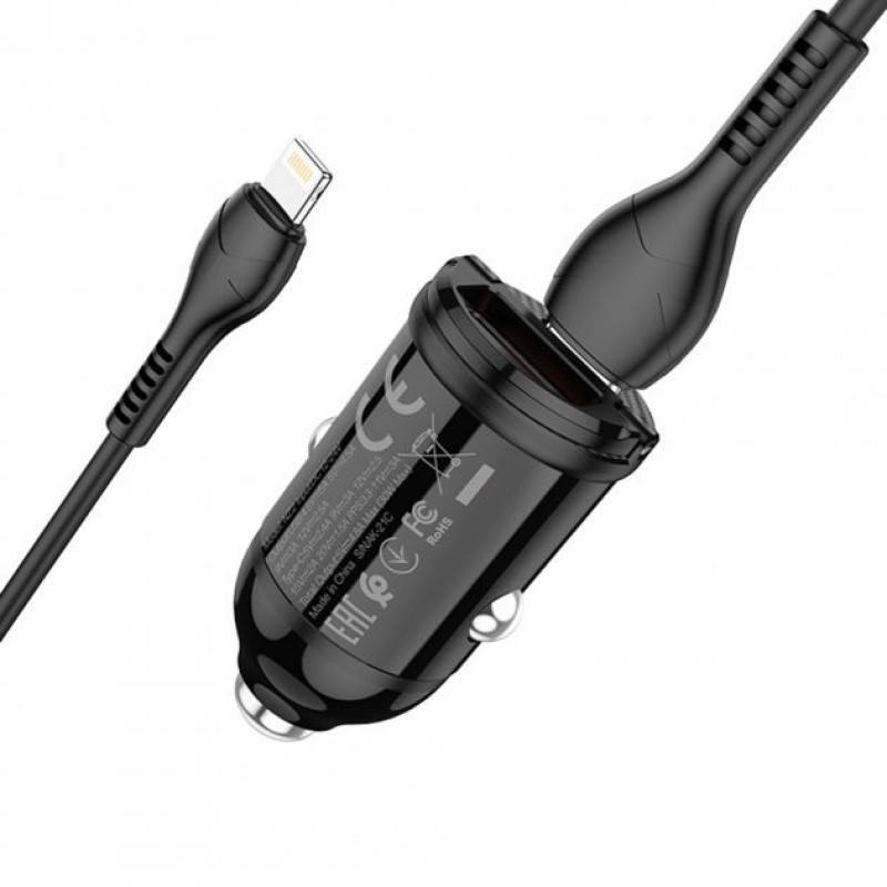 Автомобільний зарядний пристрій Hoco NZ2 PD 30W + QC3.0, з кабелем Lightning