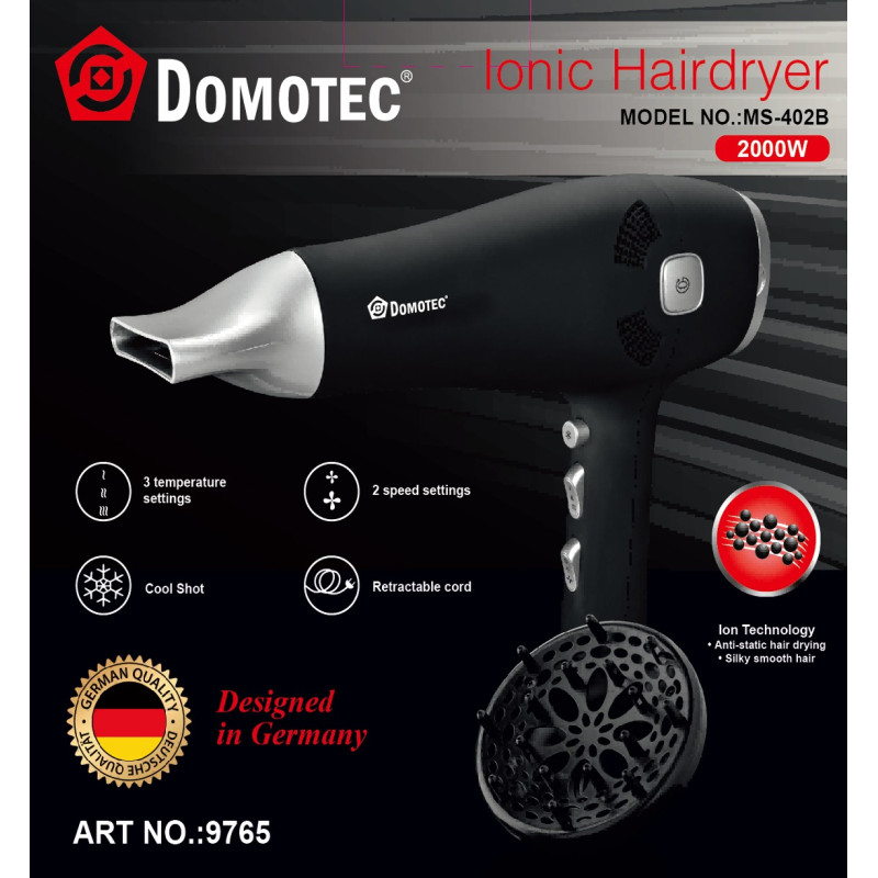 Фен з іонізацією Domotec MS-402B, 2000 Вт- Замовити за ціною 1161 грн.