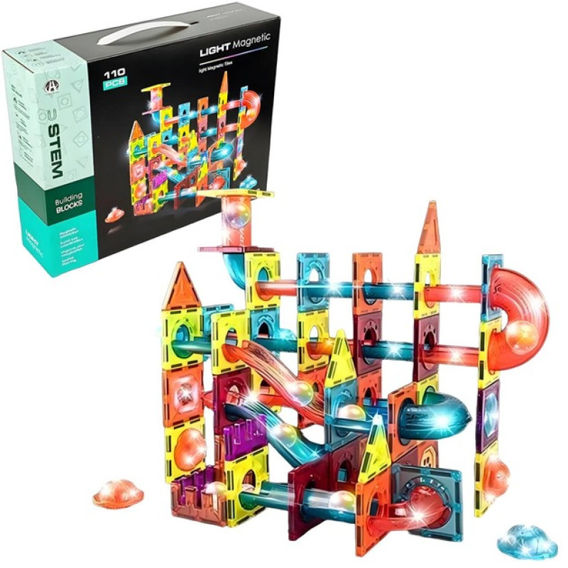 Магнітний конструктор DIY Magnetic Building Blocks SN1173, 110 деталей, з підсвічуванням та кульками