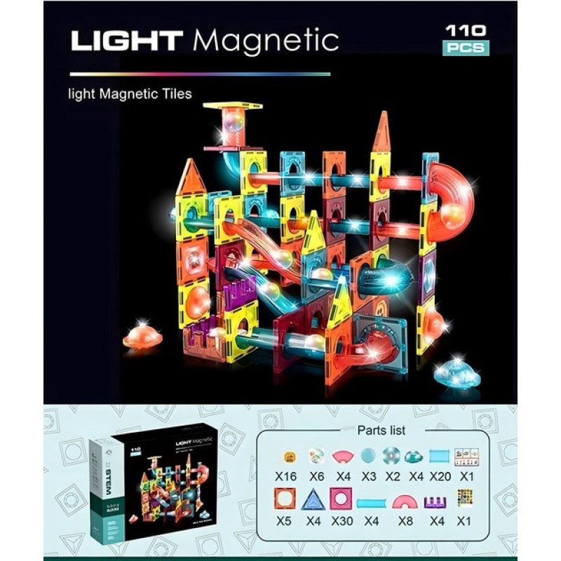 Магнітний конструктор DIY Magnetic Building Blocks SN1173, 110 деталей, з підсвічуванням та кульками