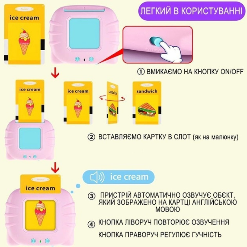 Дитячий планшет "Котик" з картками для вивчення Англійської мови 224 слова, рожевий