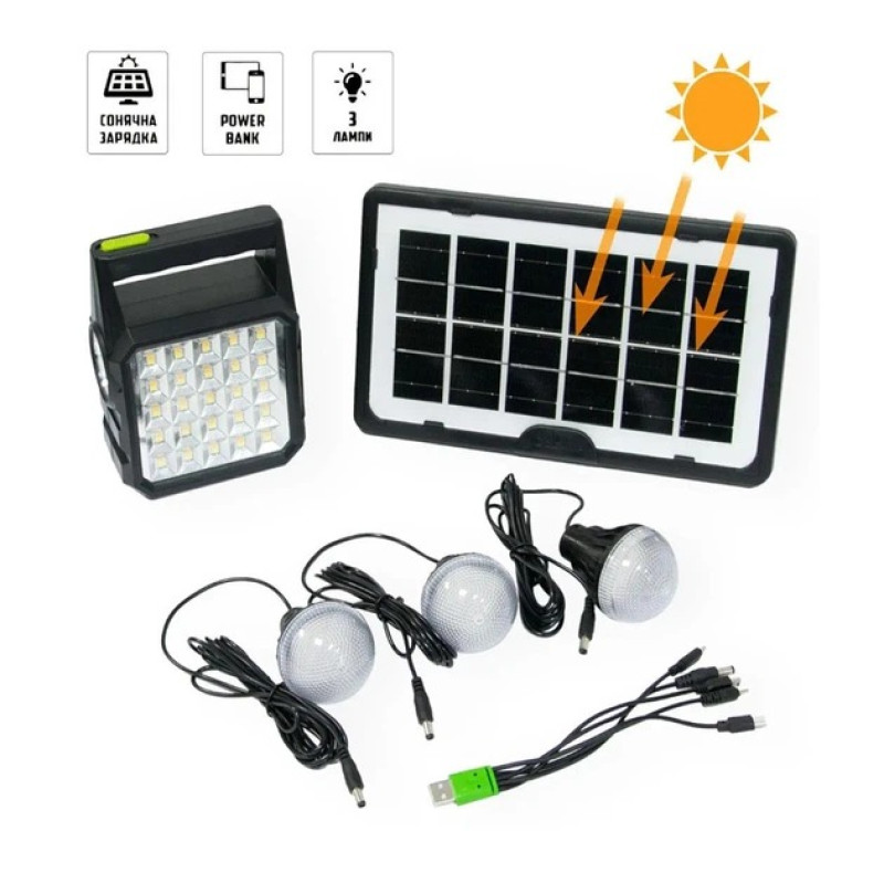 Портативна станція для зарядки GD 105, з сонячною панеллю та 3 LED лампами
