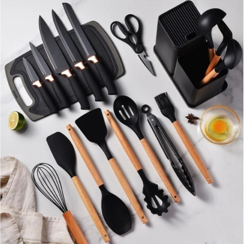 Набір кухонного приладдя Kitchenware Set 19 в 1 з ножами, ножицями та дошкою на підставці (LUX якість)