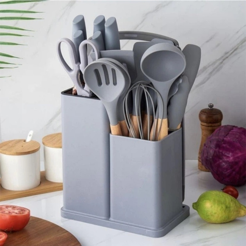 Набір кухонного приладдя Kitchenware Set 19 в 1 з ножами, ножицями та дошкою на підставці (LUX якість)