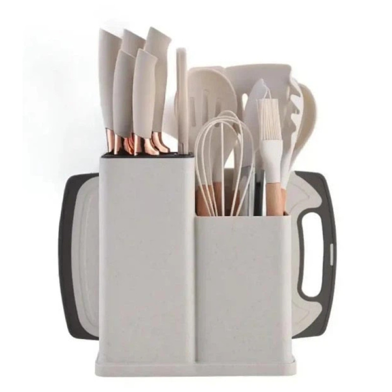 Набір кухонного приладдя Kitchenware Set 19 в 1 з ножами, ножицями та дошкою на підставці (LUX якість)