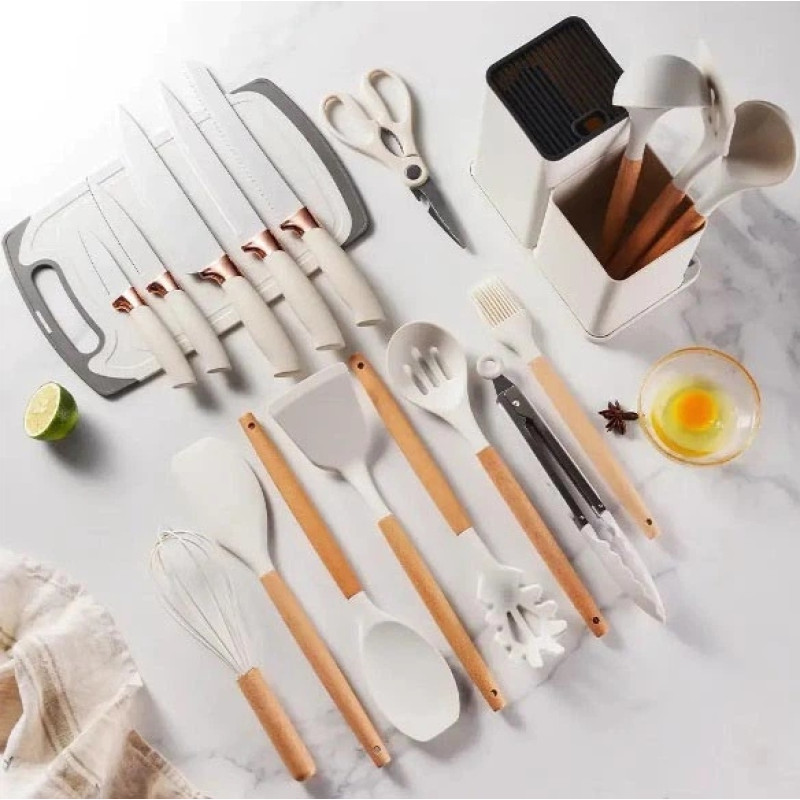 Набір кухонного приладдя Kitchenware Set 19 в 1 з ножами, ножицями та дошкою на підставці (LUX якість)