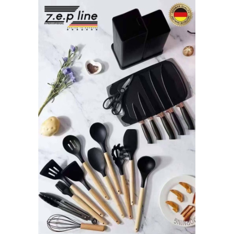 Набор кухонных принадлежностей Kitchenware Set 19 в 1 с ножами, ножницами и доской на подставке (LUX качество)