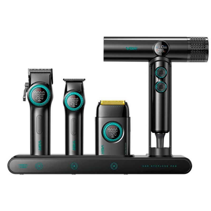 Машинка для стрижки VGR Stepless Pro 4 in 1, набір (машинка, триммер, електробритва, фен)