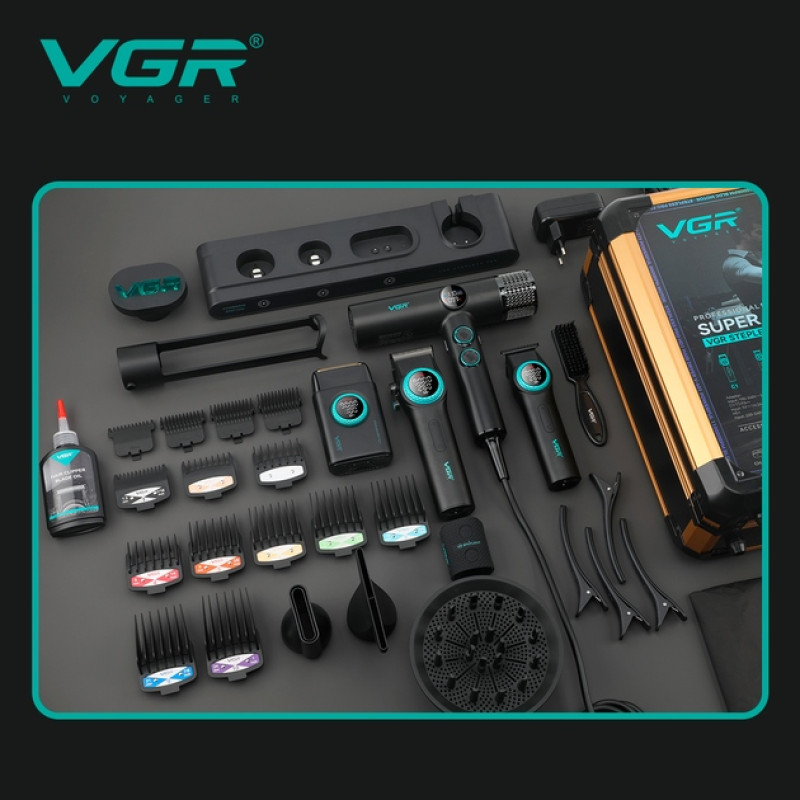 Машинка для стрижки VGR Stepless Pro 4 in 1, набір (машинка, триммер, електробритва, фен)