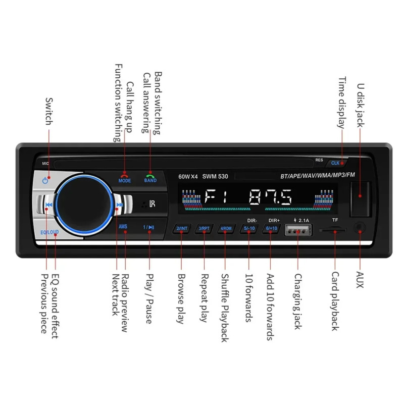 Автомагнітола JSD 530, з Bluetooth, 2×USB, SD, FM, 4 виходи, пульт ДК