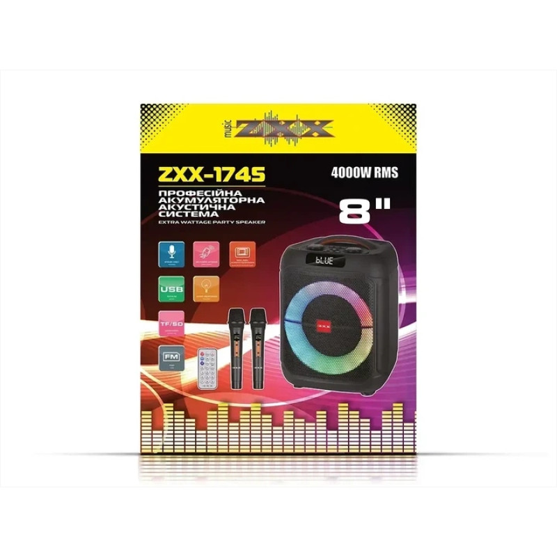 Портативна акустика ZXX-1745, 60 Вт, 8", Bluetooth, TWS, USB, TF, FM, караоке