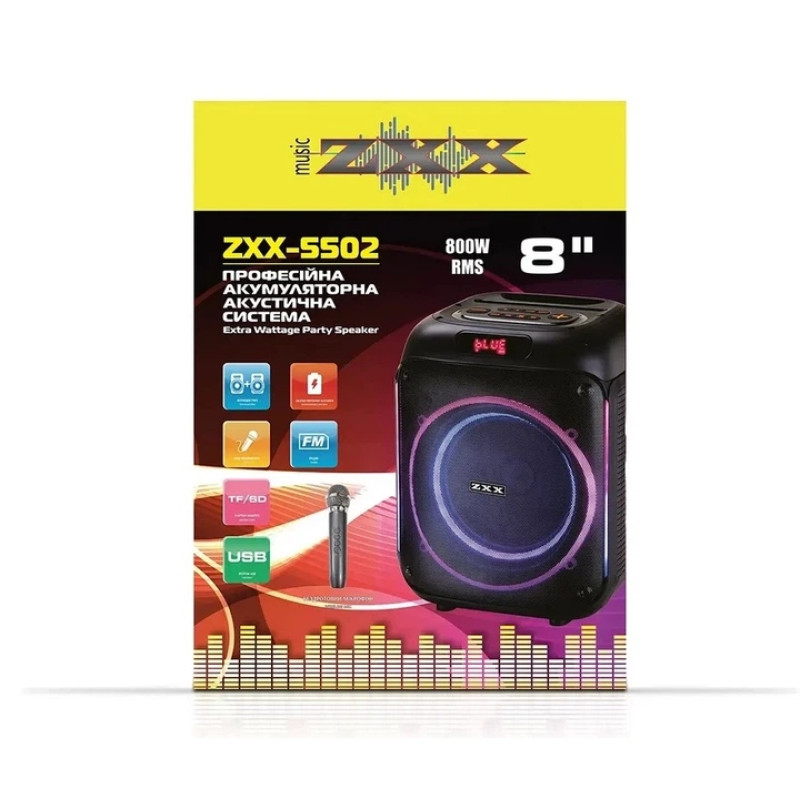 Портативная акустика ZXX-5502, 800 Вт, 8", Bluetooth, TWS, USB, FM, караоке