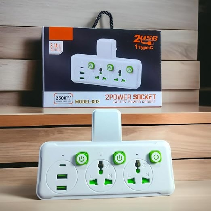 Сетевой удлинитель K03, 2 розетки + 2 USB + Type-C, универсальный