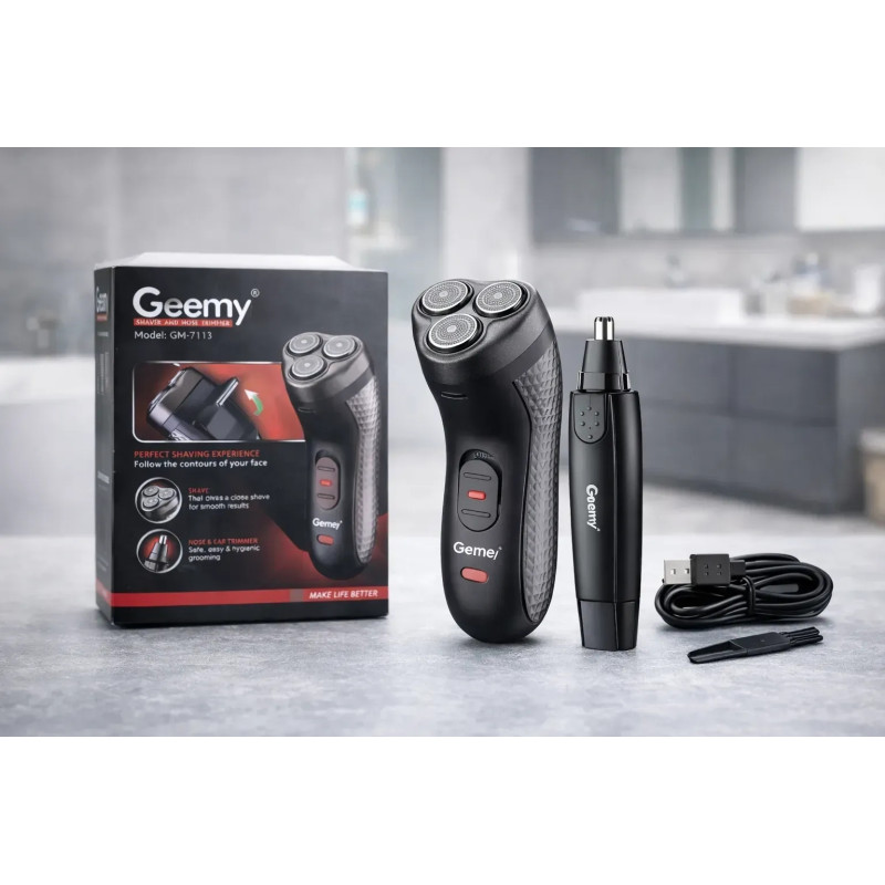Електробритва Geemy GM-7113 2 в 1, роторна, з триммером для носа та вух