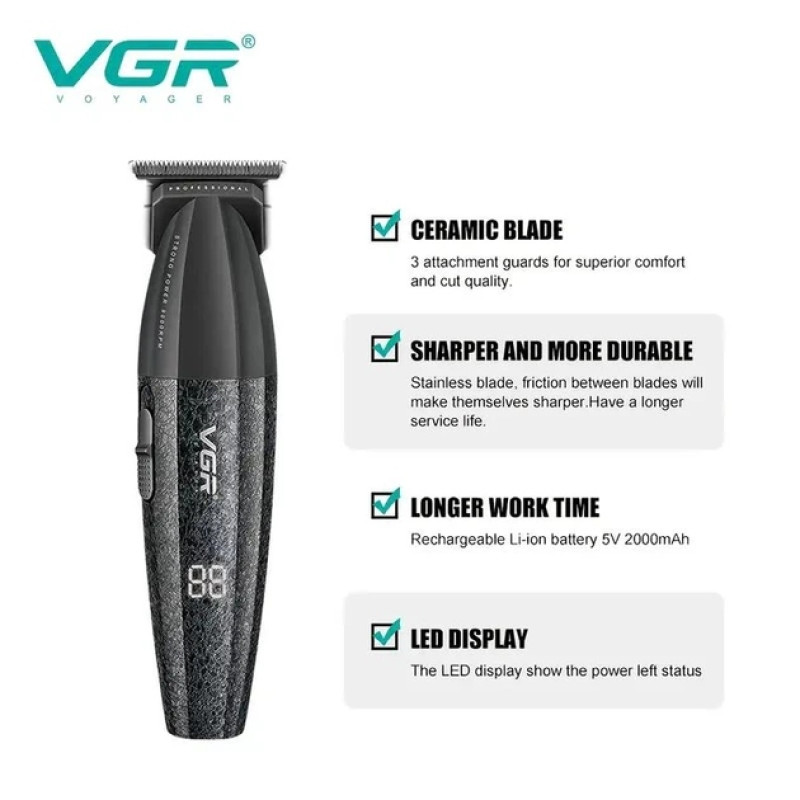 Тример VGR V-640T, акумуляторний, LED-дисплей, USB Type-C, 3 насадки