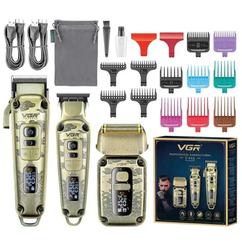 Набір для стрижки VGR V-642 Gold, машинка, триммер та шейвер, акумуляторний