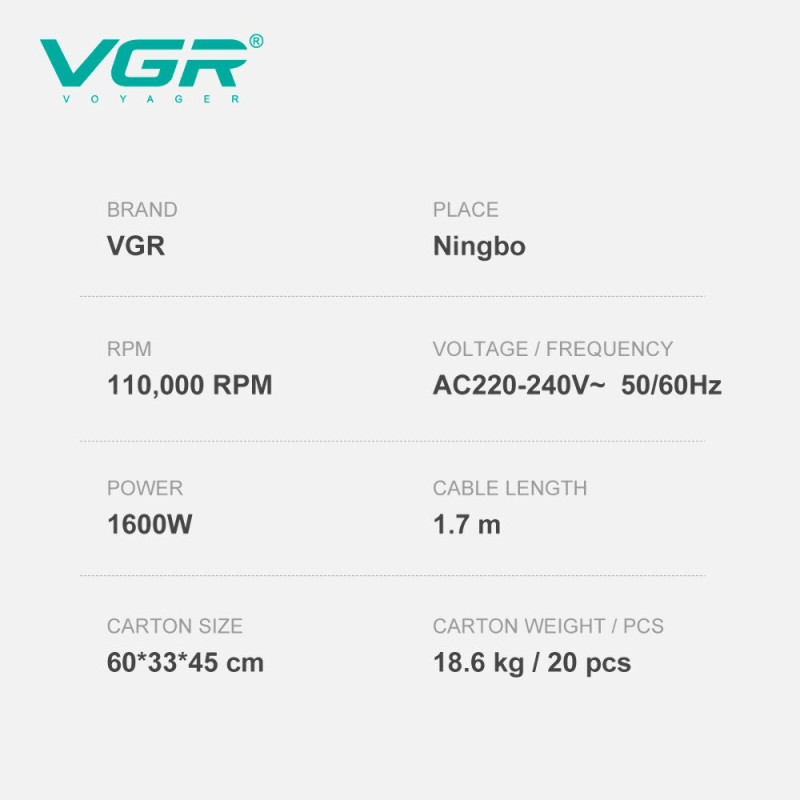 Фен VGR V-445, професійний, BLDC-мотор 110000 об/хв, 1600 Вт