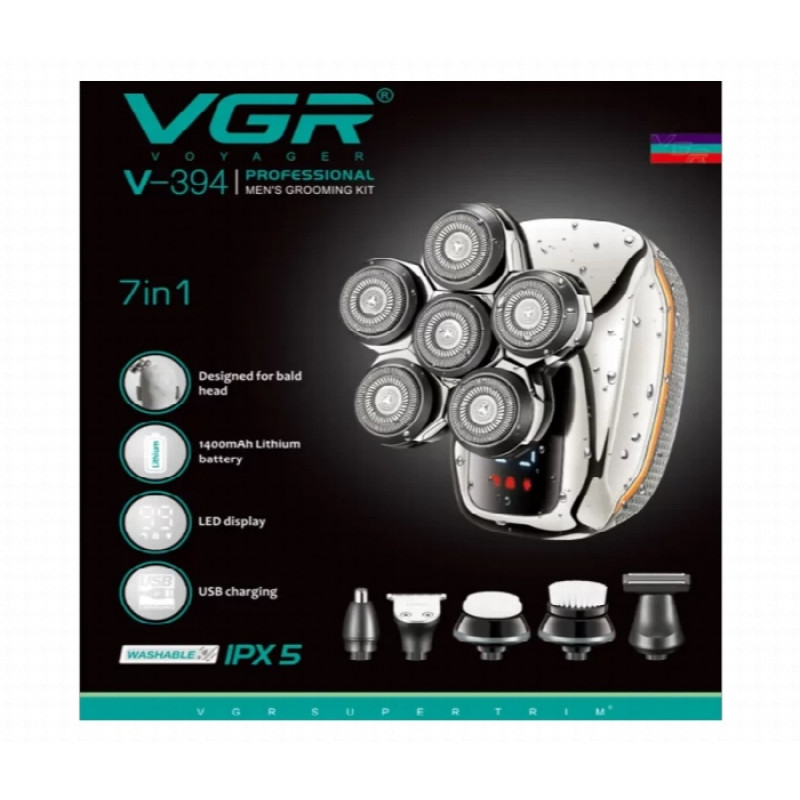 Багатофункціональний триммер VGR V-394 7 в 1, 5 змінних насадок, IPX5, акумулятор 1400 мА·год- Замовити за ціною 1180 грн.