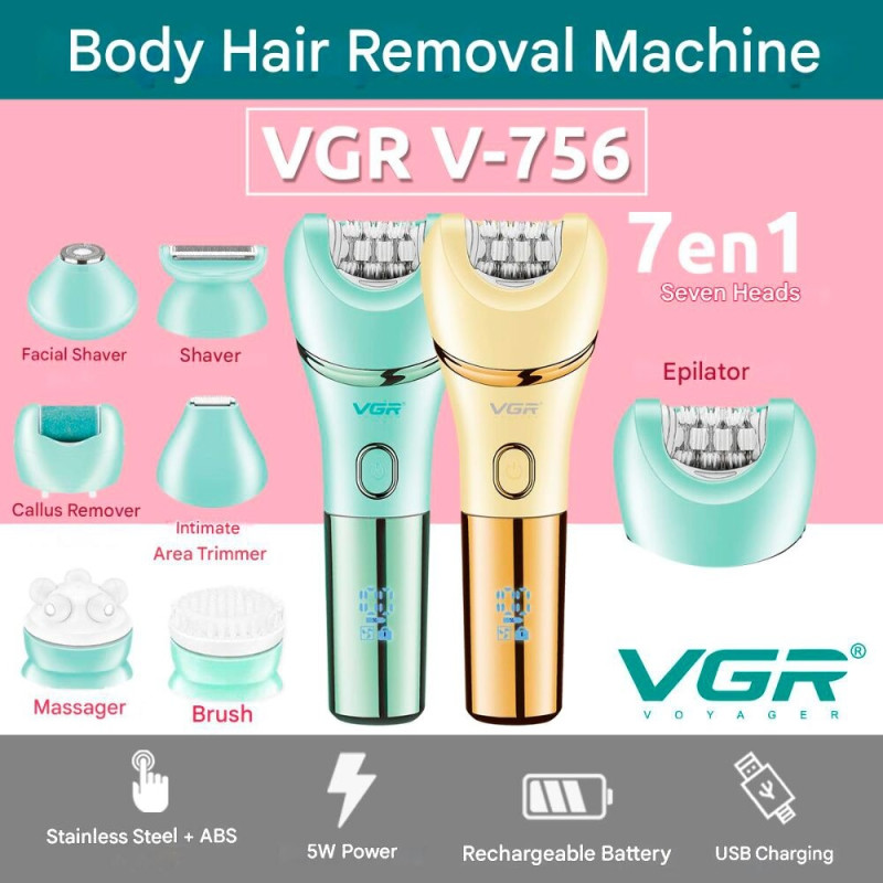 Епілятор VGR V-756 7 в 1, IPX7, LED-дисплей, 7 насадок- Замовити за ціною 1180 грн.