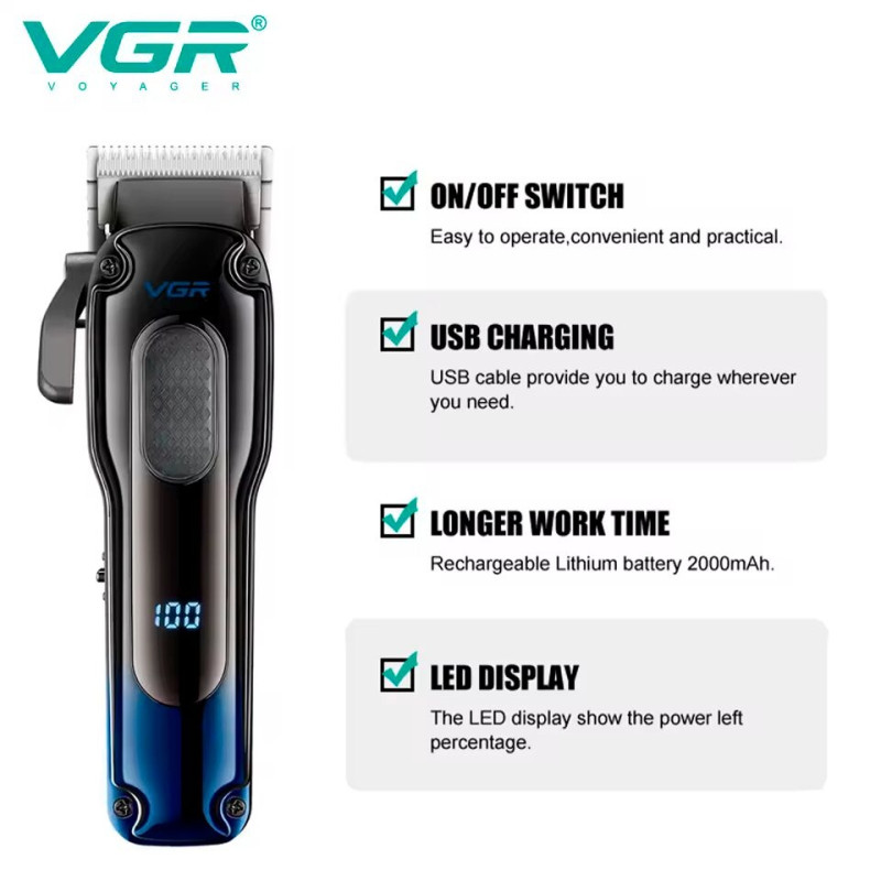 Машинка для стрижки волосся VGR V-013, 6500 об/хв, LED-дисплей, 2000 мА·год- Замовити за ціною 924 грн.