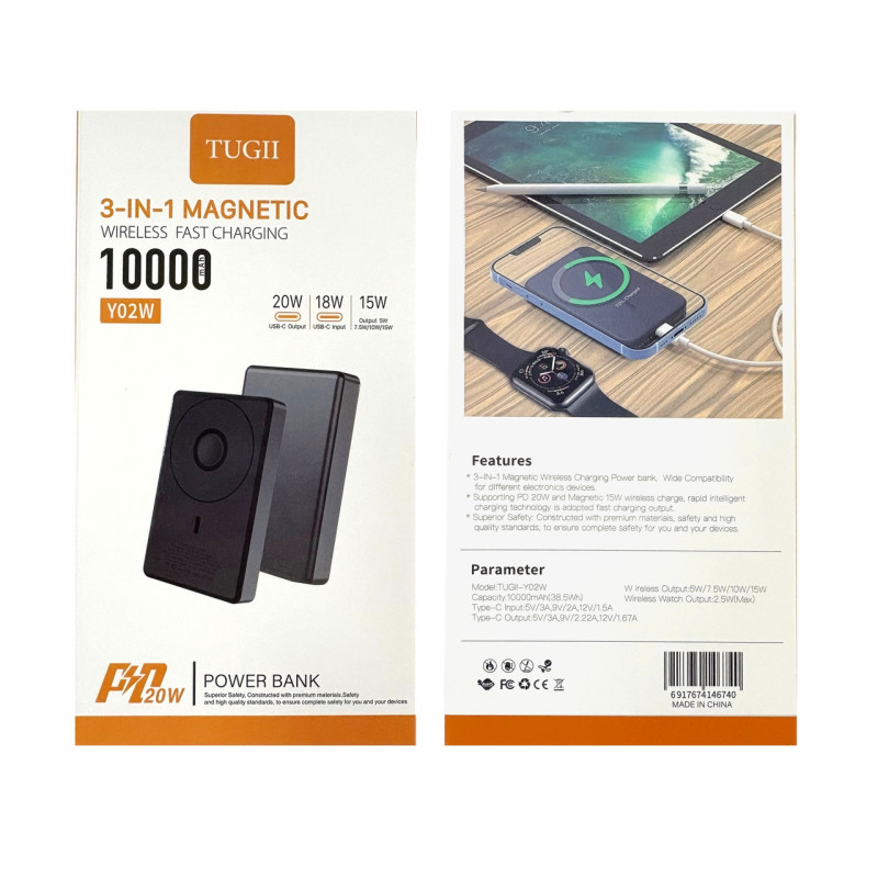 Зовнішній акумулятор TUGII Y02W 10000 мА·год, PD 20 Вт, MagSafe, бездротова зарядка 3-в-1- Замовити за ціною 957 грн.