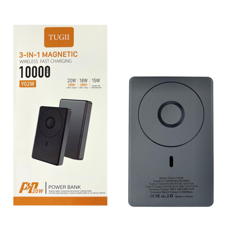 Зовнішній акумулятор TUGII Y02W 10000 мА·год, PD 20 Вт, MagSafe, бездротова зарядка 3-в-1- Замовити за ціною 957 грн.