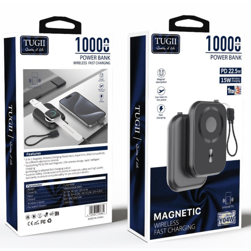 Зовнішній акумулятор TUGII Y04W 10000 мА·год, PD 22,5 Вт, MagSafe, бездротова зарядка 3-в-1- Замовити за ціною 1056 грн.