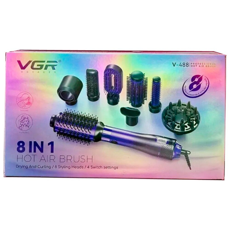 Фен-щітка стайлер VGR 8 в 1 V-488, 8 насадок, 4 режими, 1000-1100 Вт- Замовити за ціною 1971 грн.