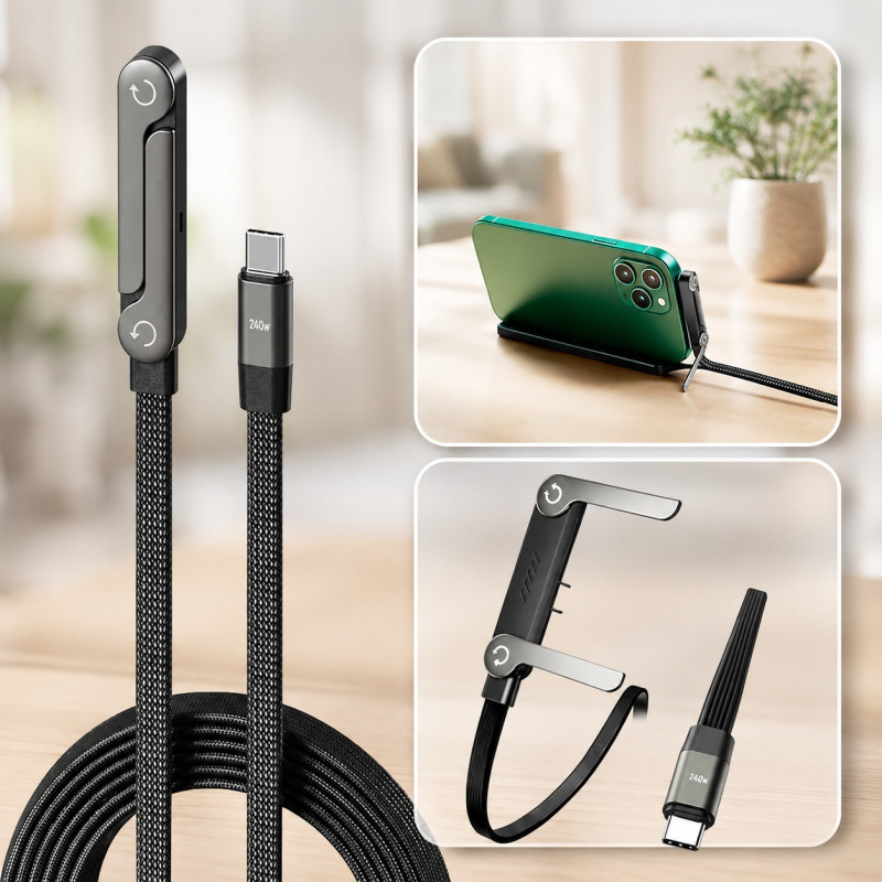 Кабель Type-C 2-в-1, 240 Вт, 6 А, 1,5 м, з підставкою для смартфона- Замовити за ціною 123 грн.